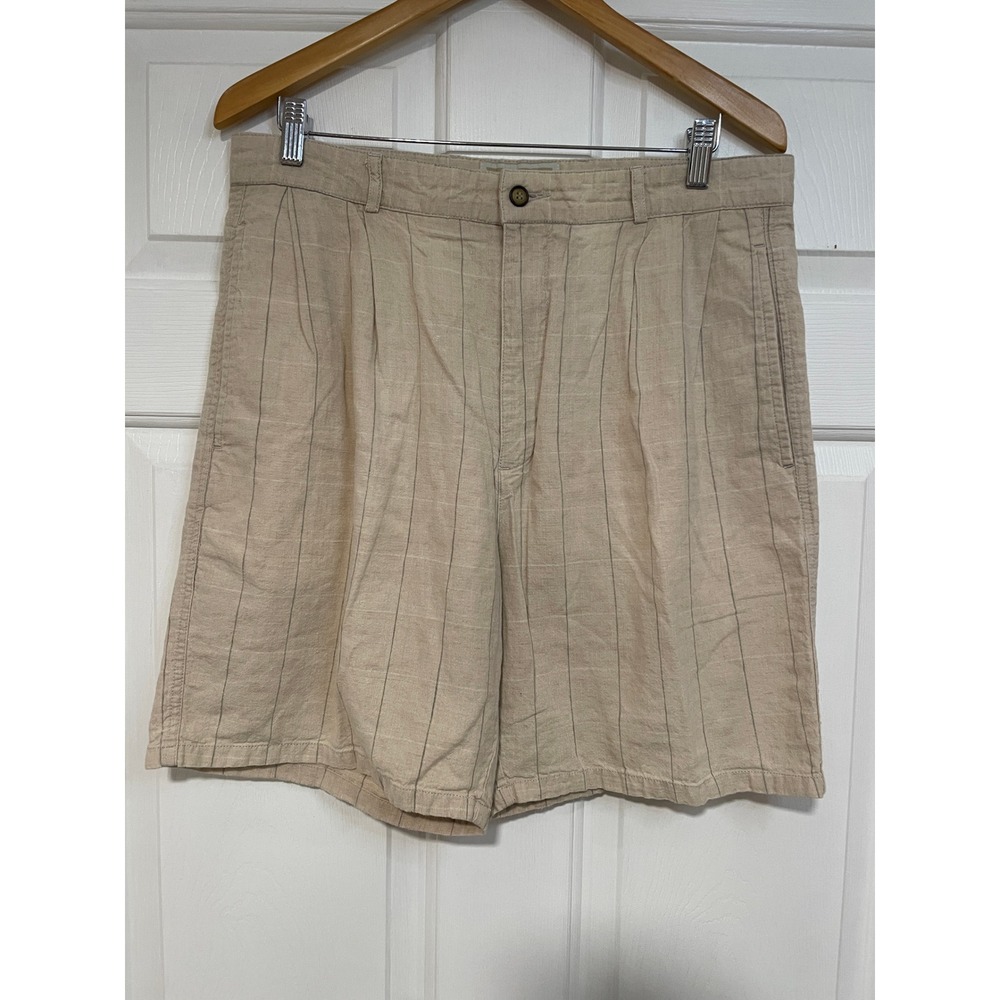 Mens Baxter Linen‎ Cotton Comfort Fit Chino Shorts Striped Pleated Front 36x8